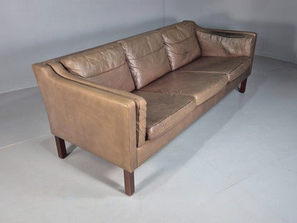 Vintage Danish 3 Seat Sofa Brown Leather Mogensen Style 1970s Retro EB8201 M3SS