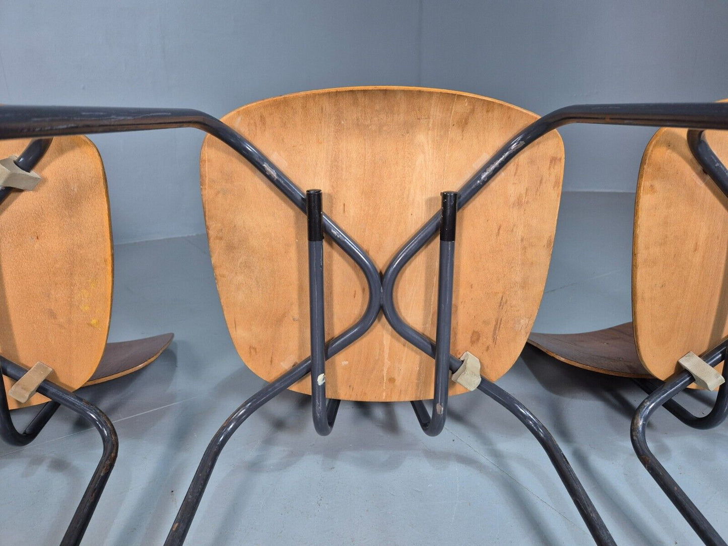 4 Vintage Danish Stacking Chairs Teak Plywood Steel Frame 1960 Retro EB8368 MSTA