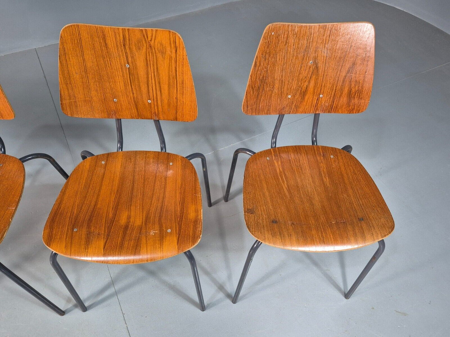 4 Vintage Danish Stacking Chairs Teak Plywood Steel Frame 1960 Retro EB8367 MSTA