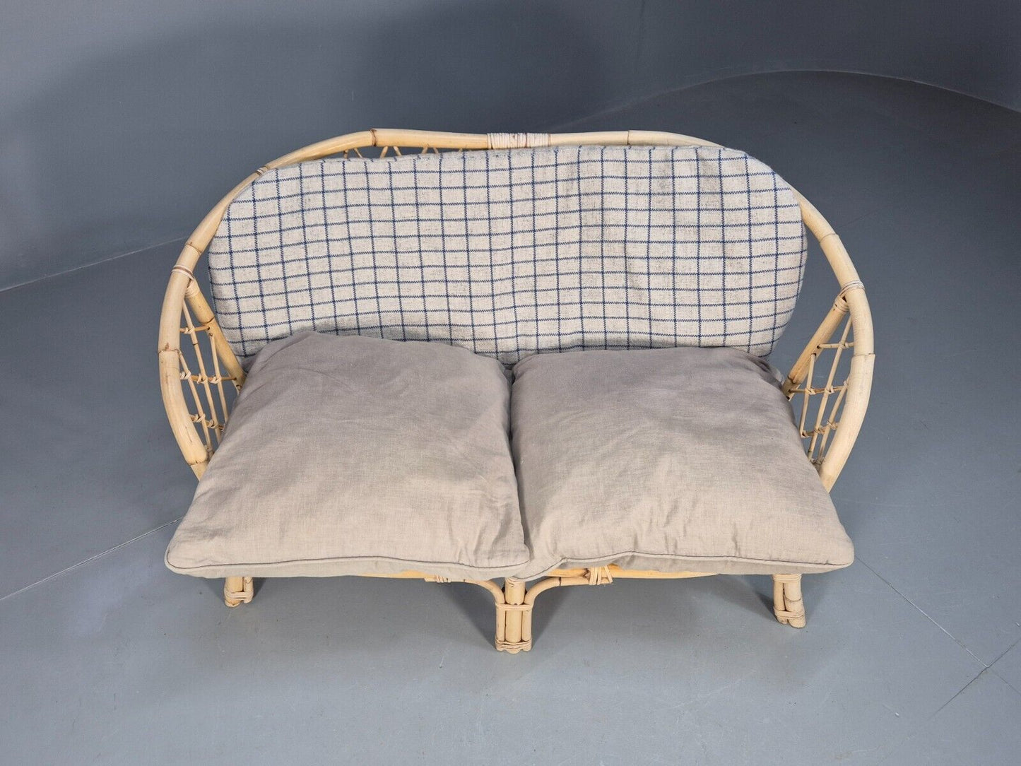 Vintage 2 Seat Sofa Bamboo Cane 1980s Retro Grey Check EB8736 M2SS