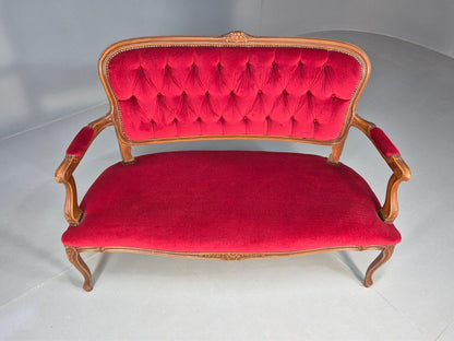 Vintage 2 Seat Sofa Red Velour French Antique Style 1980s Repro EB8655 V2SS