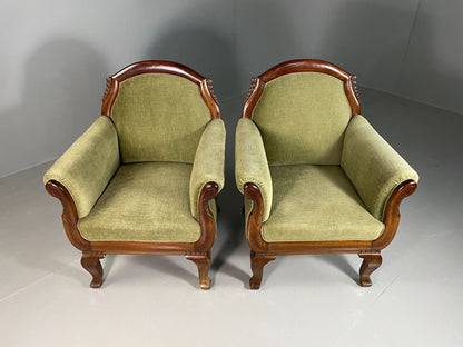 EB6659 2 Vintage Danish Lounge Chairs Green Velour Mahogany Antique Empire VCLO