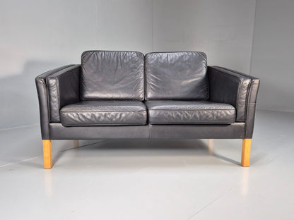 Vintage Danish 2 Seat Sofa Black Leather High Arms 1980s Retro MCM  EB8623 M2SS