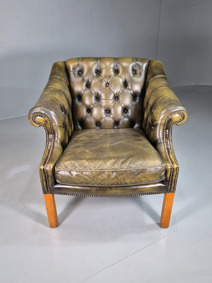 Vintage  Lounge Chair Green Leather Chesterfield Style Antique Style EB7593 VCHE