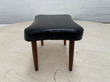 EB3149 Danish Black Vinyl Footstool on Turned Teak Legs Vintage Retro MFOO