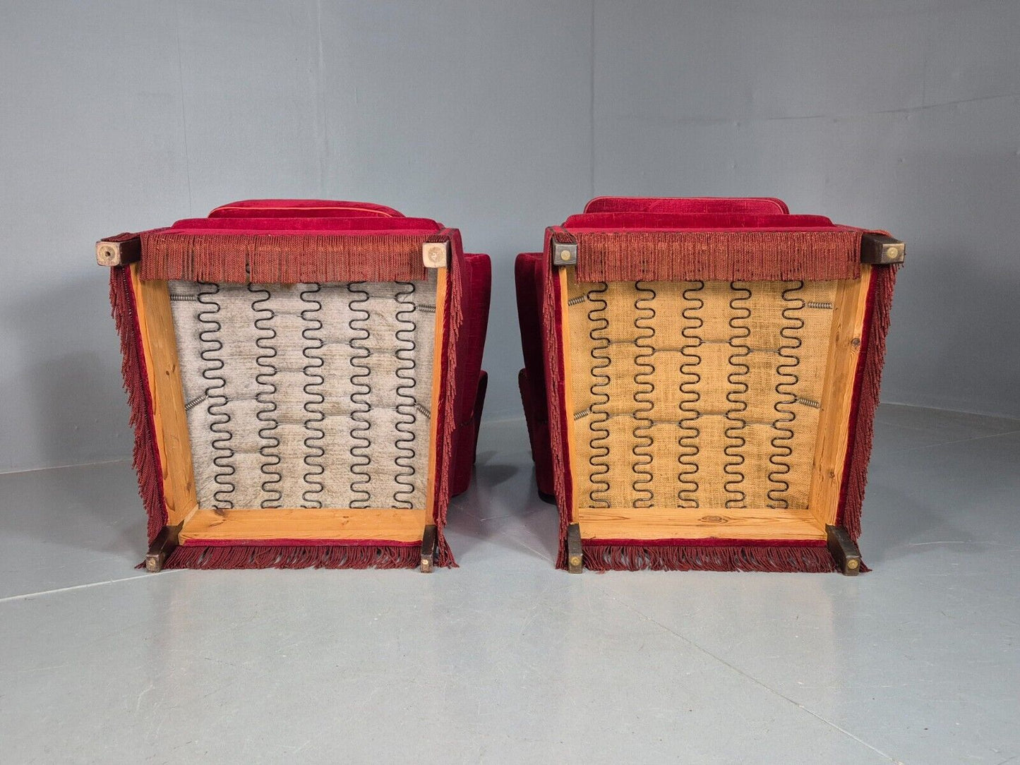 Pair Vintage Danish Wing Back Red Velour Studded Armchairs EB8059 VCLO