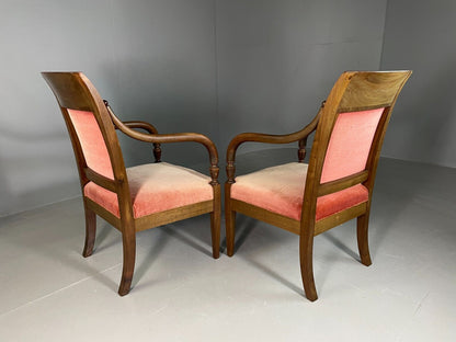 EB6727 2 Vintage Danish Lounge Chairs Beech Wood Pink Velour Antique Empire VCLO