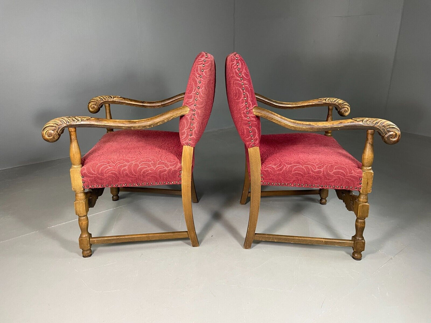 EB6943 2 Vintage Elbow Chairs Red Moquette Oak Frame 17th Century Style RepoVCLO