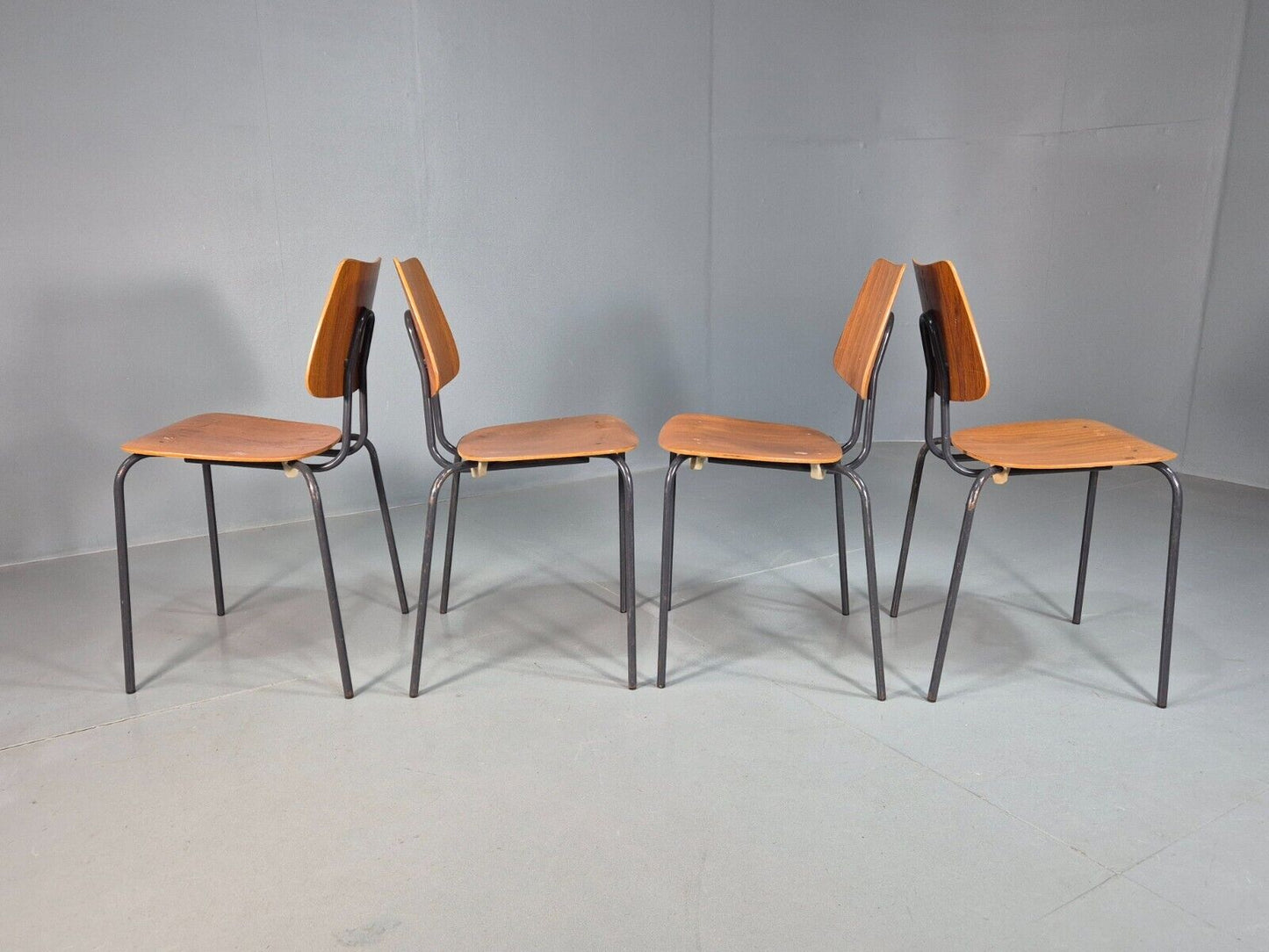 4 Vintage Danish Stacking Chairs Teak Plywood Steel Frame 1960 Retro EB8367 MSTA