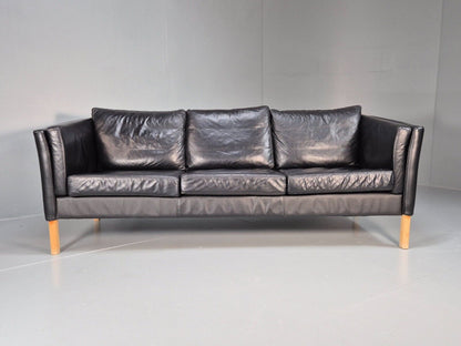 Vintage Danish 3 Seat Sofa Black Leather and Vinyl Straight Back EB8616 M3SS