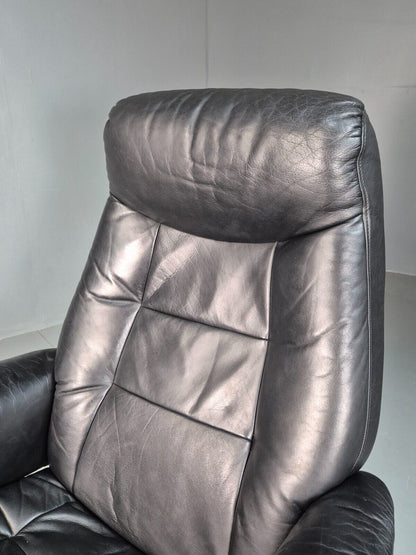 Vintage Danish Swivel Lounge Chair Black Leather Recline 1980 Retro EB8249 MSWI