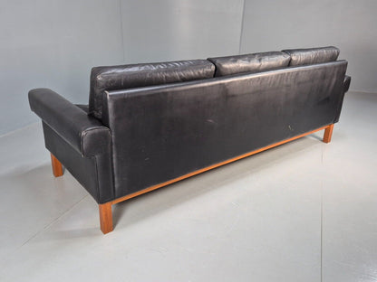 Vintage Swedish 3 Seat Sofa Black Leather Teak Base Retro 1960s MCM EB7756 M3SS