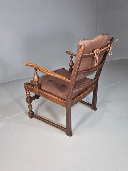 Vintage Danish Lounge Chair Brown leather Oak Frame Jacobean Style EB8089 VCAR