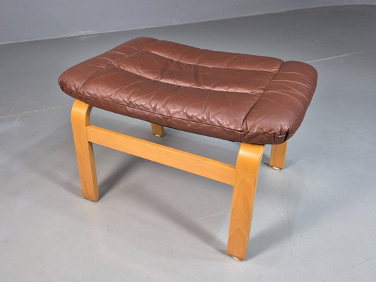 Vintage Danish Footstool Brown Leather Blonde Bentwood Retro MCM EB7884 MFOO