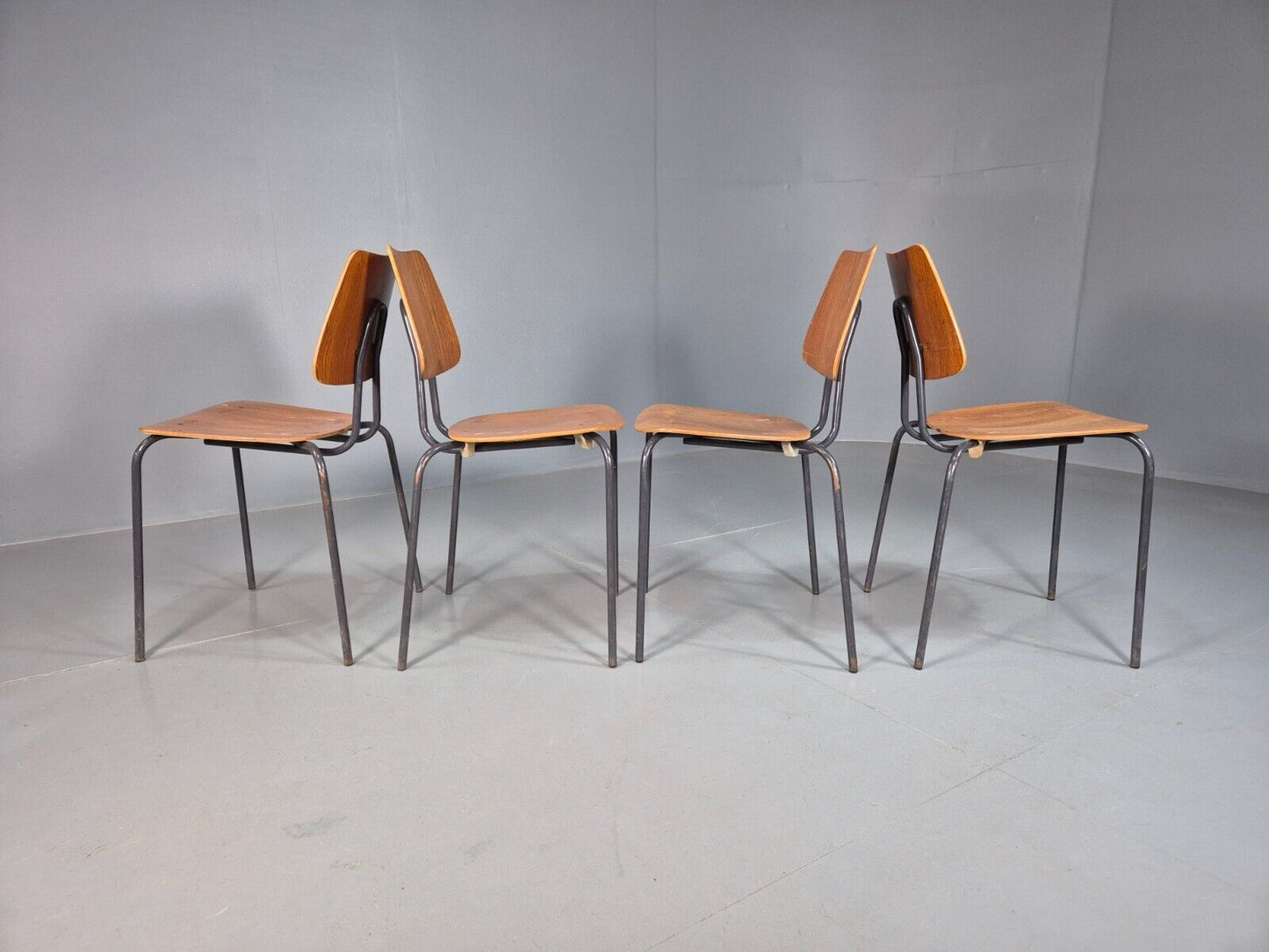 4 Vintage Danish Stacking Chairs Teak Plywood Steel Frame 1960 Retro EB8365 MSTA