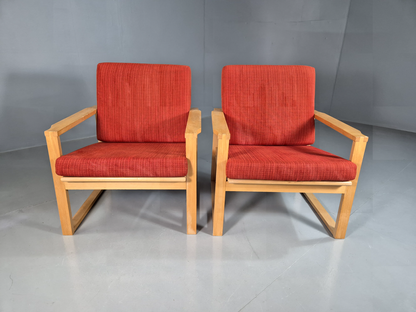 EB7221 2 Swedish Lounge Chairs Beech Frame Red Wool Retro MCM 1960s MNOR