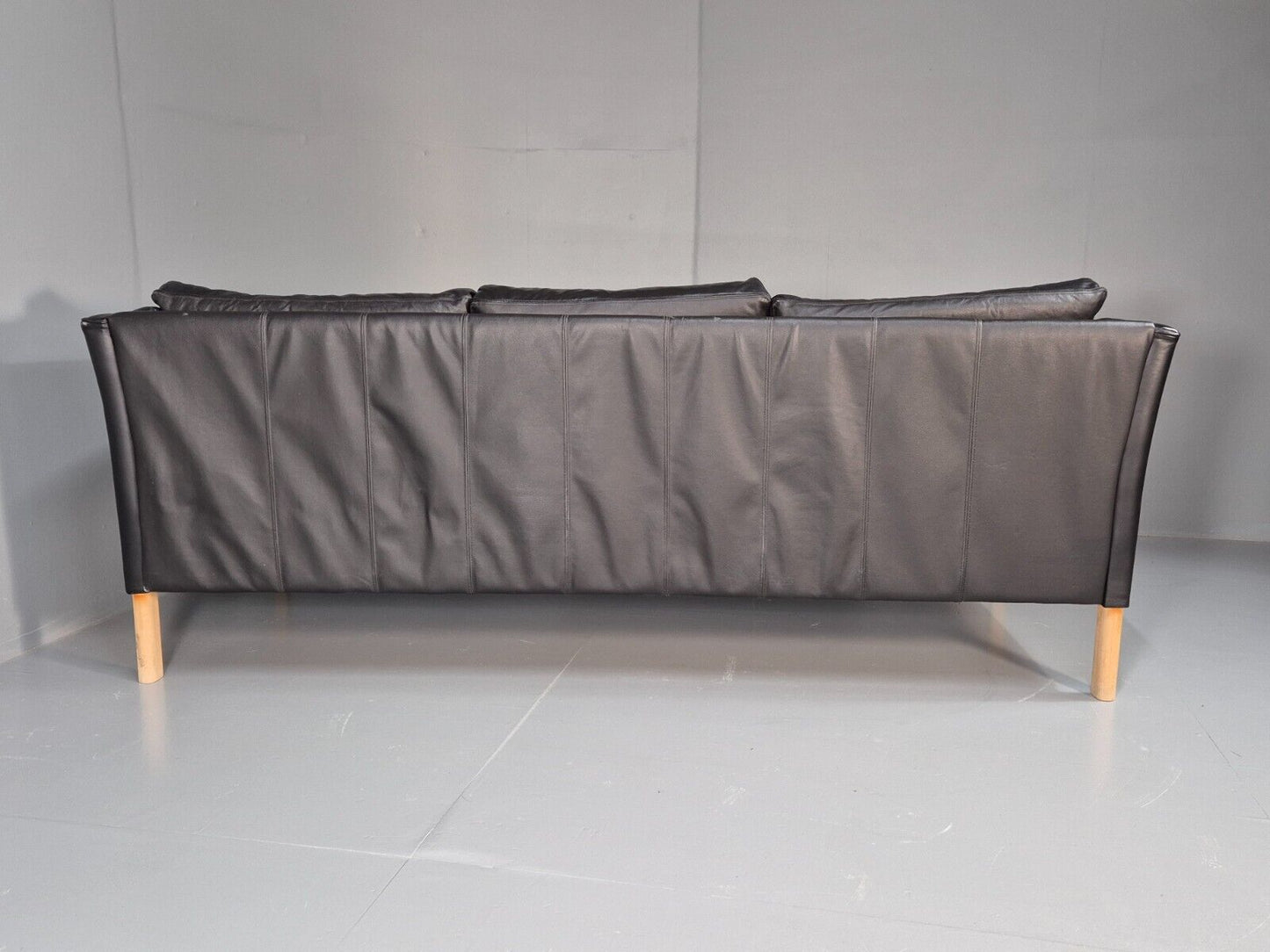 Vintage Danish 3 Seat Sofa Black Leather and Vinyl Straight Back EB8616 M3SS