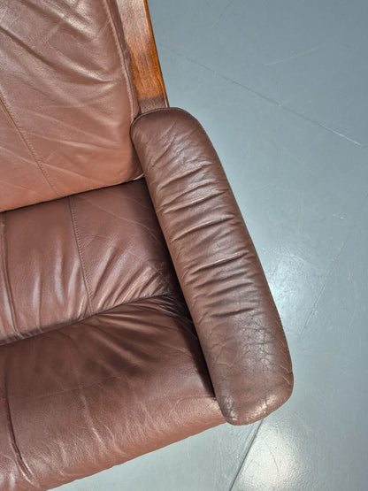 Vintage Danish Lounge Chair Brown Leather Bentwood Frame 1970s Retro EB8633 MBEN