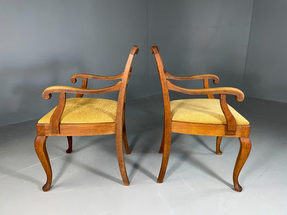 EB6953 2 Vintage Danish Elbow Chairs Oak Gold Upholstery Antique VCAR