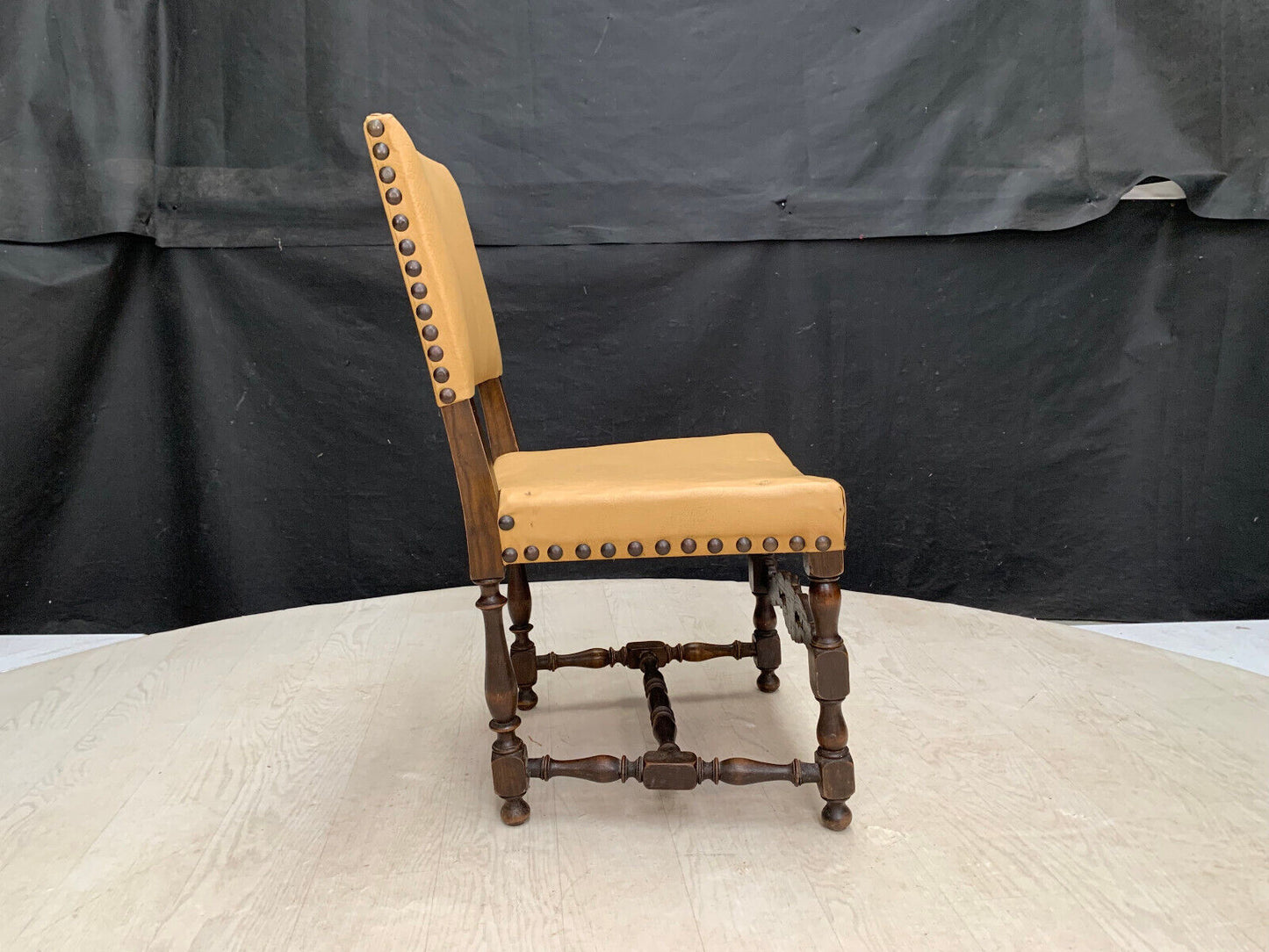 EB2915 Danish Carved, Studded Oak Dining Chair with Tan Vinyl Vintage VDIN