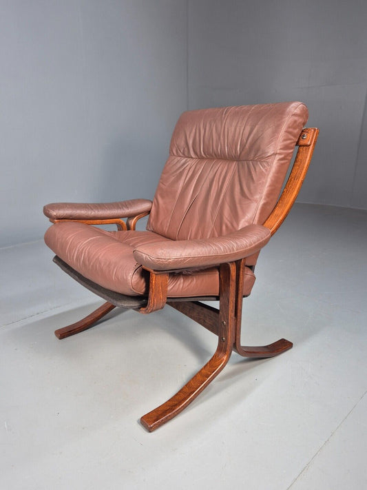 Vintage Danish Lounge Chair Brown Leather Bentwood Frame 1970s Retro EB8633 MBEN