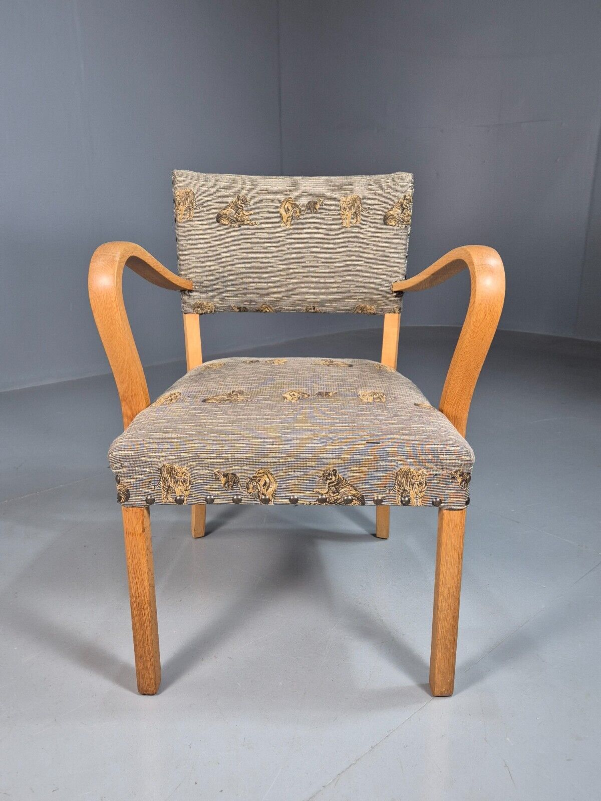 Vintage Danish Elbow Chair Tiger Motif Grey Beech Wood 1950s Retro EB8005 MDIN