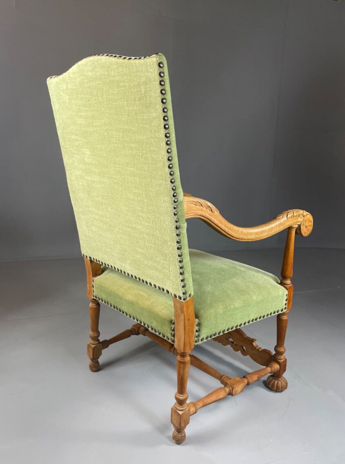 EB4649 Danish Early 20th Century Carved Oak And Green Velour Chair, Antique VCAR