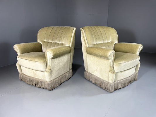 EB5505 Pair Danish 1970s, Green Lounge Chair, Vintage, Retro Tassels Kitsch VCLO