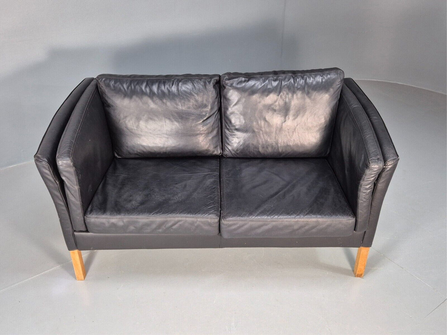 Vintage Danish 2 Seat Sofa Black Leather 1980s Retro MCM EB8618 M2SS