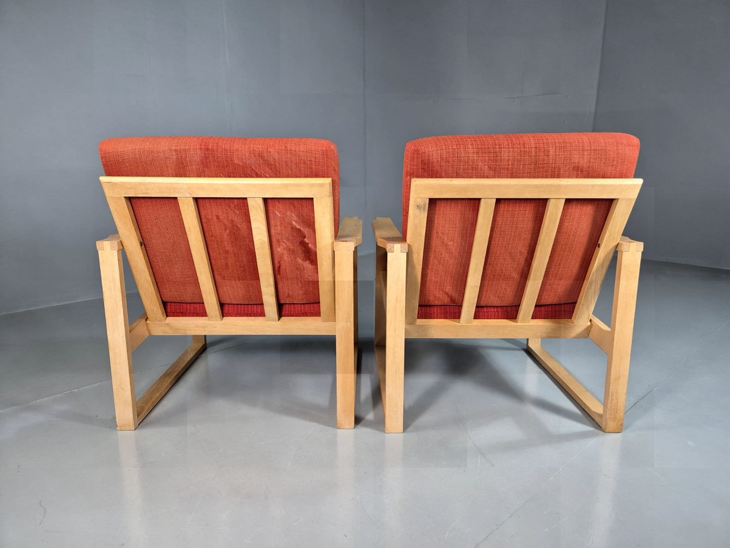 EB7221 2 Swedish Lounge Chairs Beech Frame Red Wool Retro MCM 1960s MNOR