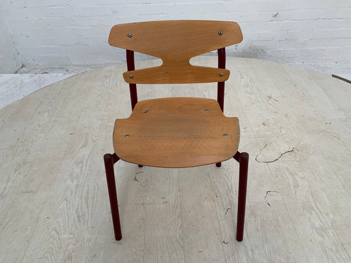 EB3636 Danish Beech & Burgundy Steel Childrens Stacking Chair Randers MSTA