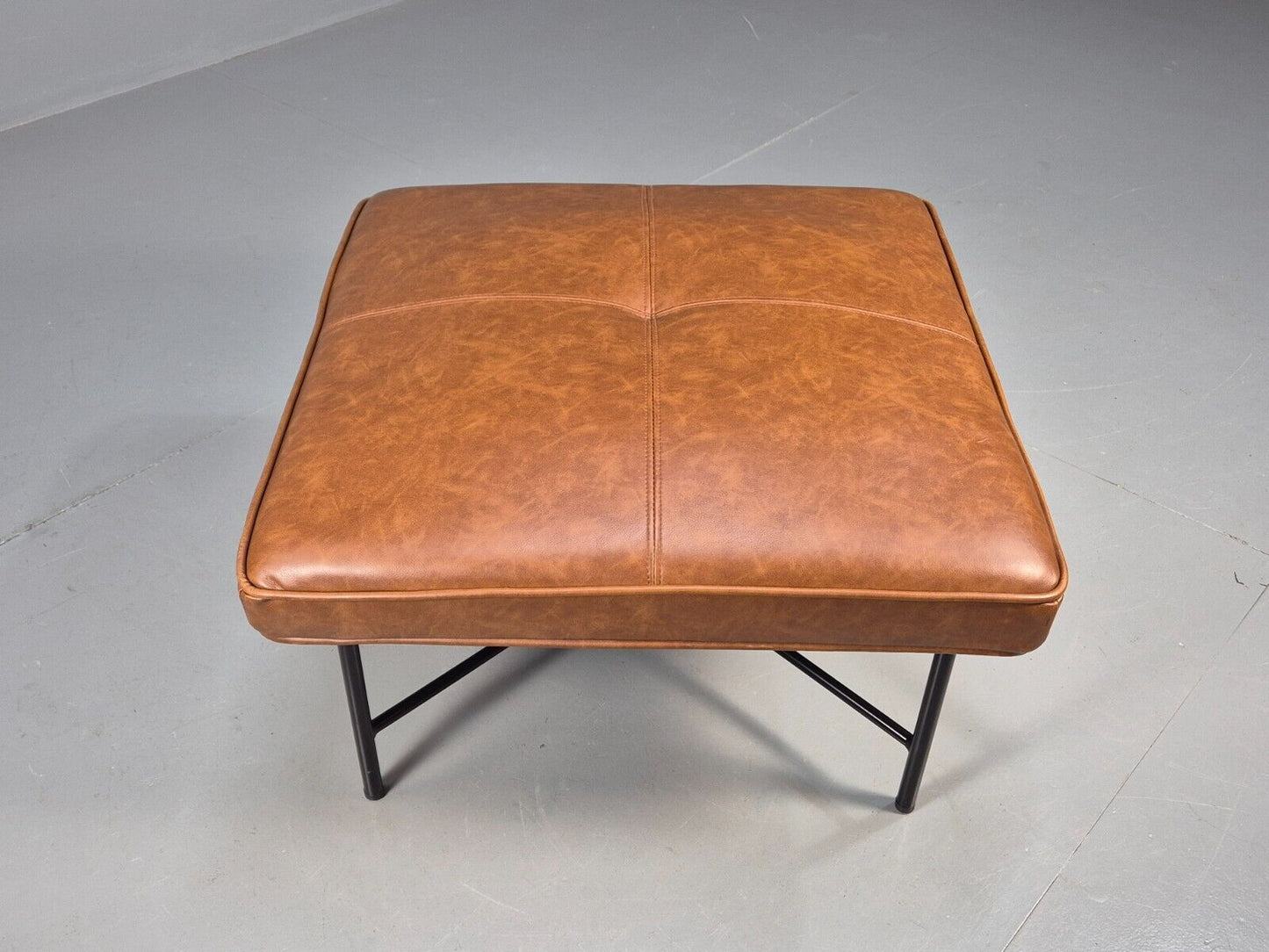 Vintage Footstool Brown Faux Leather Metal Base Retro EB8518 MFOO