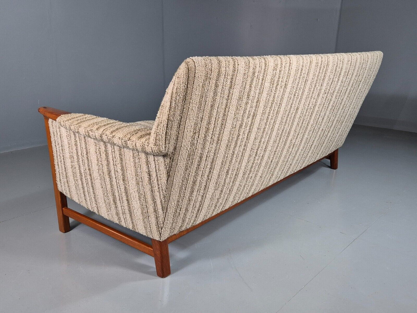 EB7569 Vintage Swedish 3 Seat Sofa Cream Wool Teak Paws Retro MCM 1960s M3SS