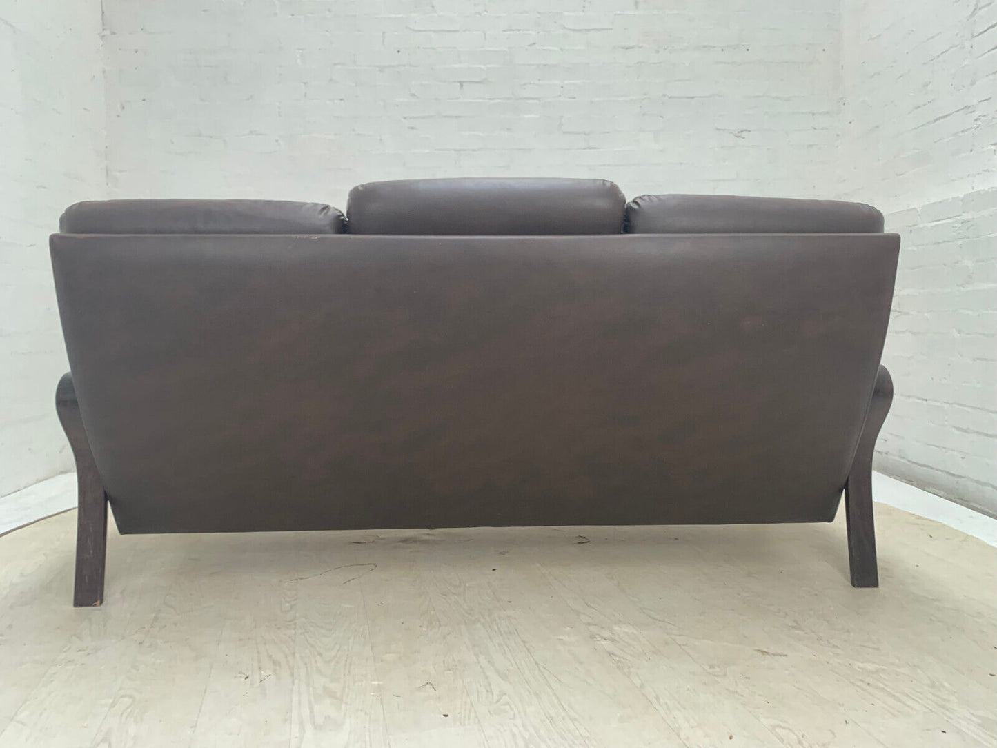 EB3459 Danish Stained Beech, Dark Brown Leather & Vinyl Three-Seater Sofa M3SS