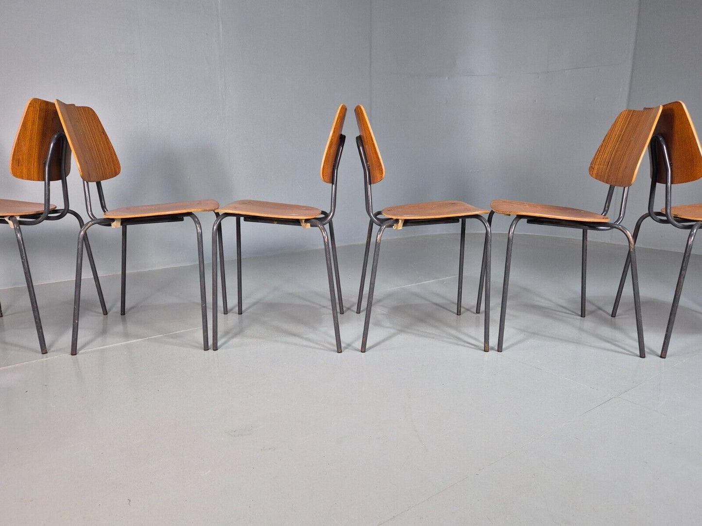 6 Vintage Danish Stacking Chairs Teak Plywood Steel Frame 1960 Retro EB8375 MSTA