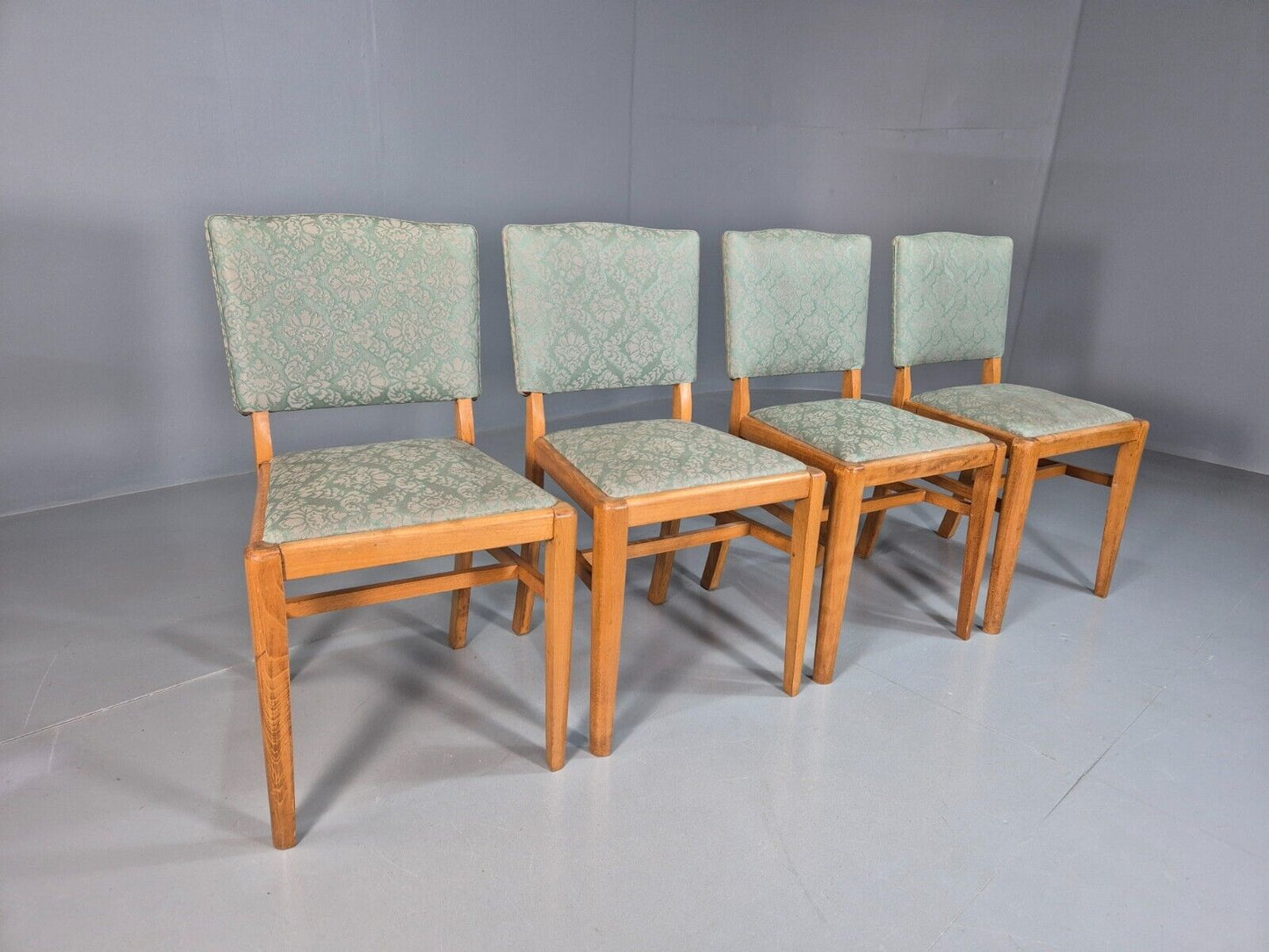 4 Vintage Dining Chairs Green Embossed Vinyl Beech Frame 1960s Retro EB7868 MDIN