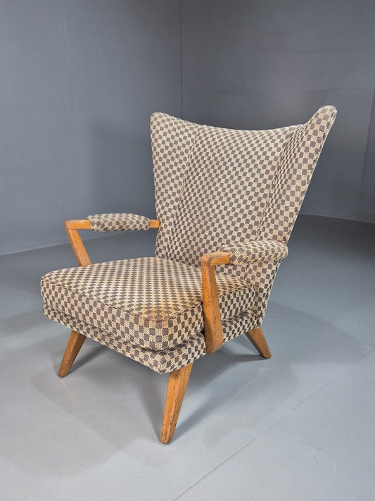 Vintage Wingback Lounge Chair Chequer Fabric Oak G Plan MCM 1950s EB8421 MNOR