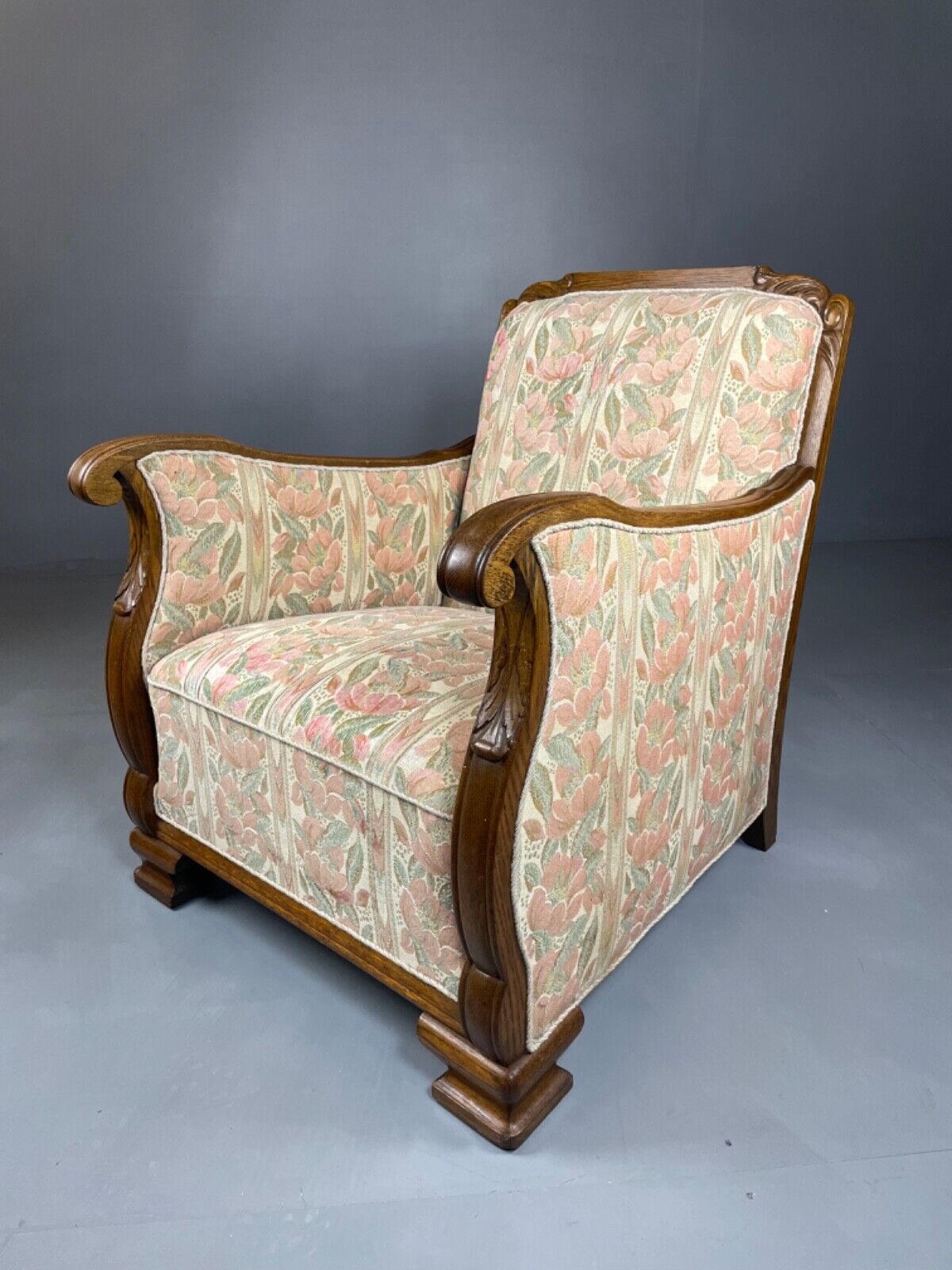 EB4510 Danish Circa 1930s Oak Framed Floral Upholstered Armchair, Retro, VCAR