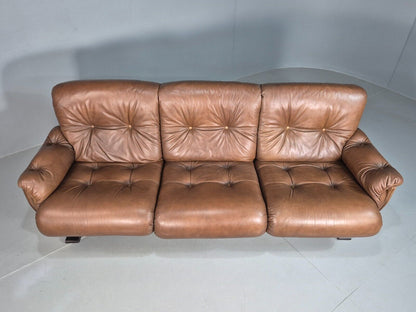 Vintage Danish 3 Seat Sofa Brown Leather Buttoned 1970s Retro MCM EB8314 M3SS