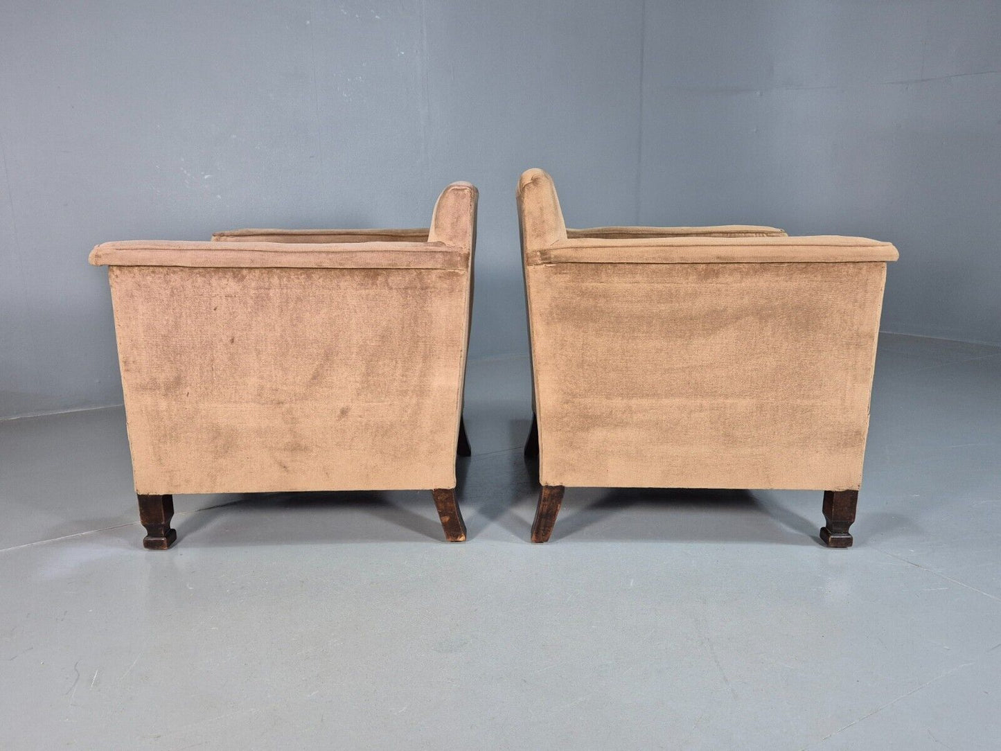 2 Vintage Lounge Chairs, Beige Velour 1940s Art Deco Antique EB8382 VCLO