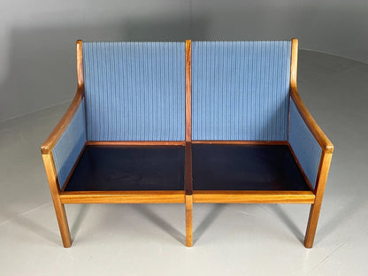 EB6970 Vintage Danish 2 Seat Sofa Mahogany Frame Blue Cotton Wanscher MCM M2SS