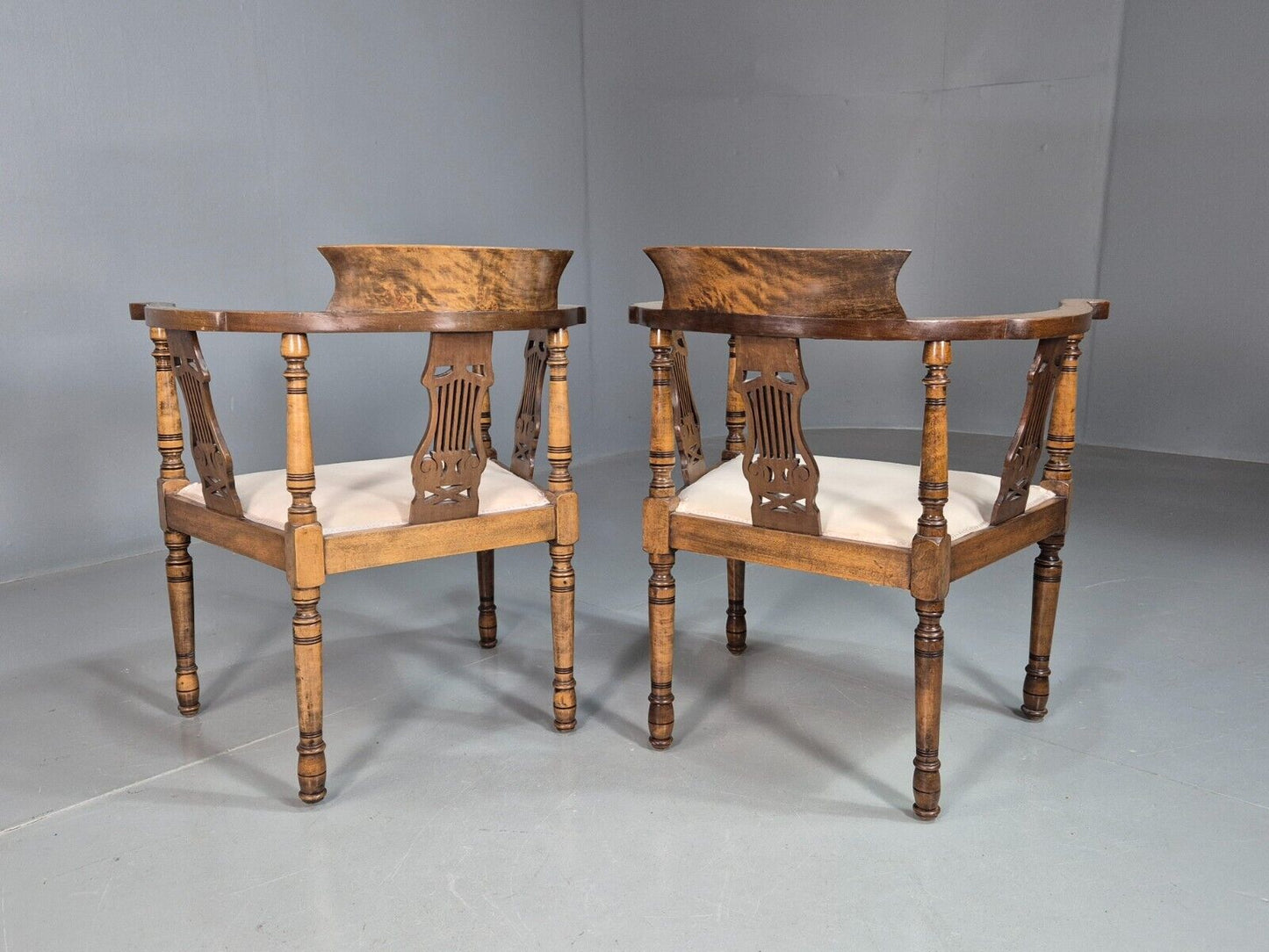 2 Vintage Lounge Chairs White Calico Fruitwood Inlay Edwardian EB8171 VCLO