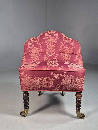 Antique Danish Occasional Chair Pink Satin Floral Motif Oak Brass EB8051 VCLO