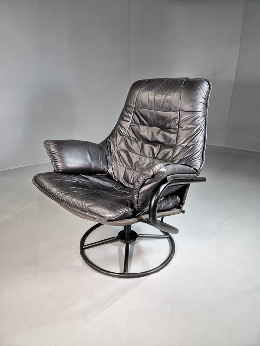 EB7258 Vintage Danish Swivel Recline Chair Black Leather 1980s Retro MCM MSWI