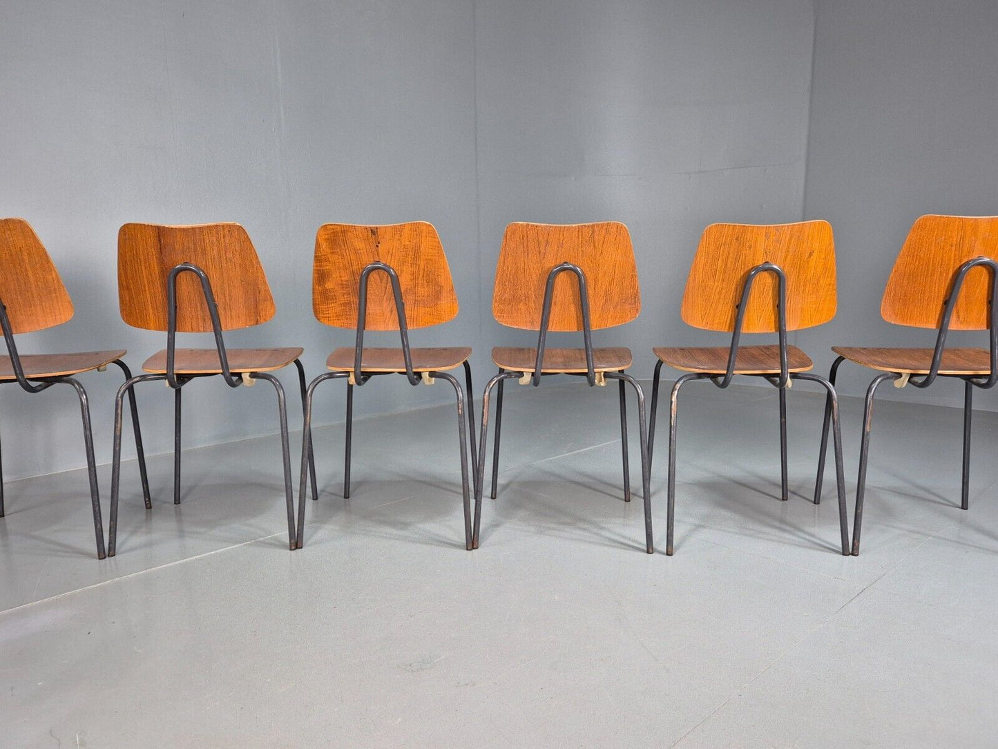 6 Vintage Danish Stacking Chairs Teak Plywood Steel Frame 1960 Retro EB8375 MSTA