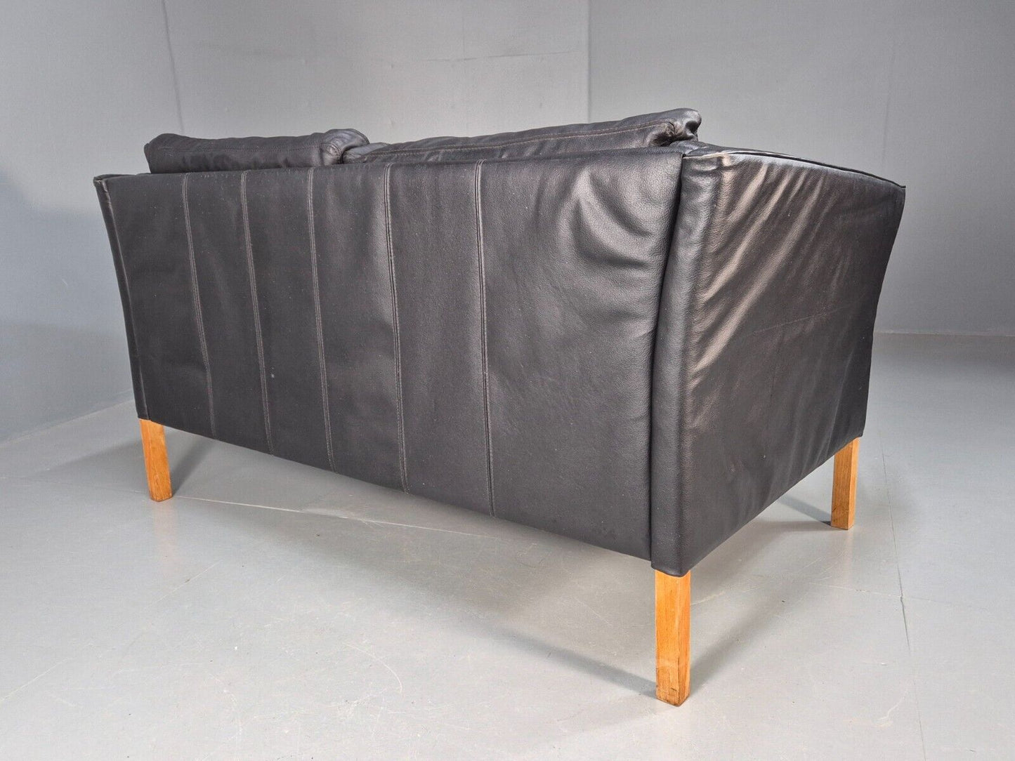 Vintage Danish 2 Seat Sofa Black Leather 1980s Retro MCM EB8618 M2SS