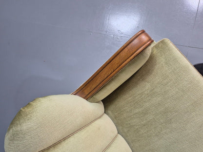 Vintage Danish 3 Seat Sofa Green Velour Oak Detail Art Deco 1930s EB7828 M3SS