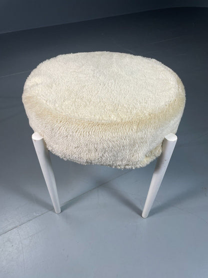 EB6561 Vintage Footstool White Fun Fur Upholstery Retro Mid Century 1960s MFOO