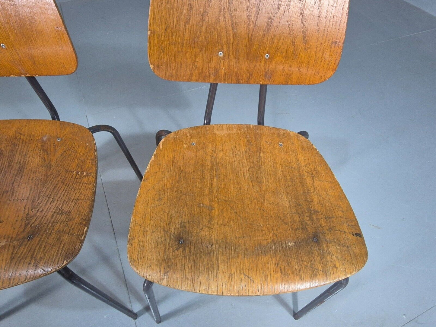 4 Vintage Danish Stacking Chairs Oak Plywood Steel Frame 1960s Retro EB8381 MSTA