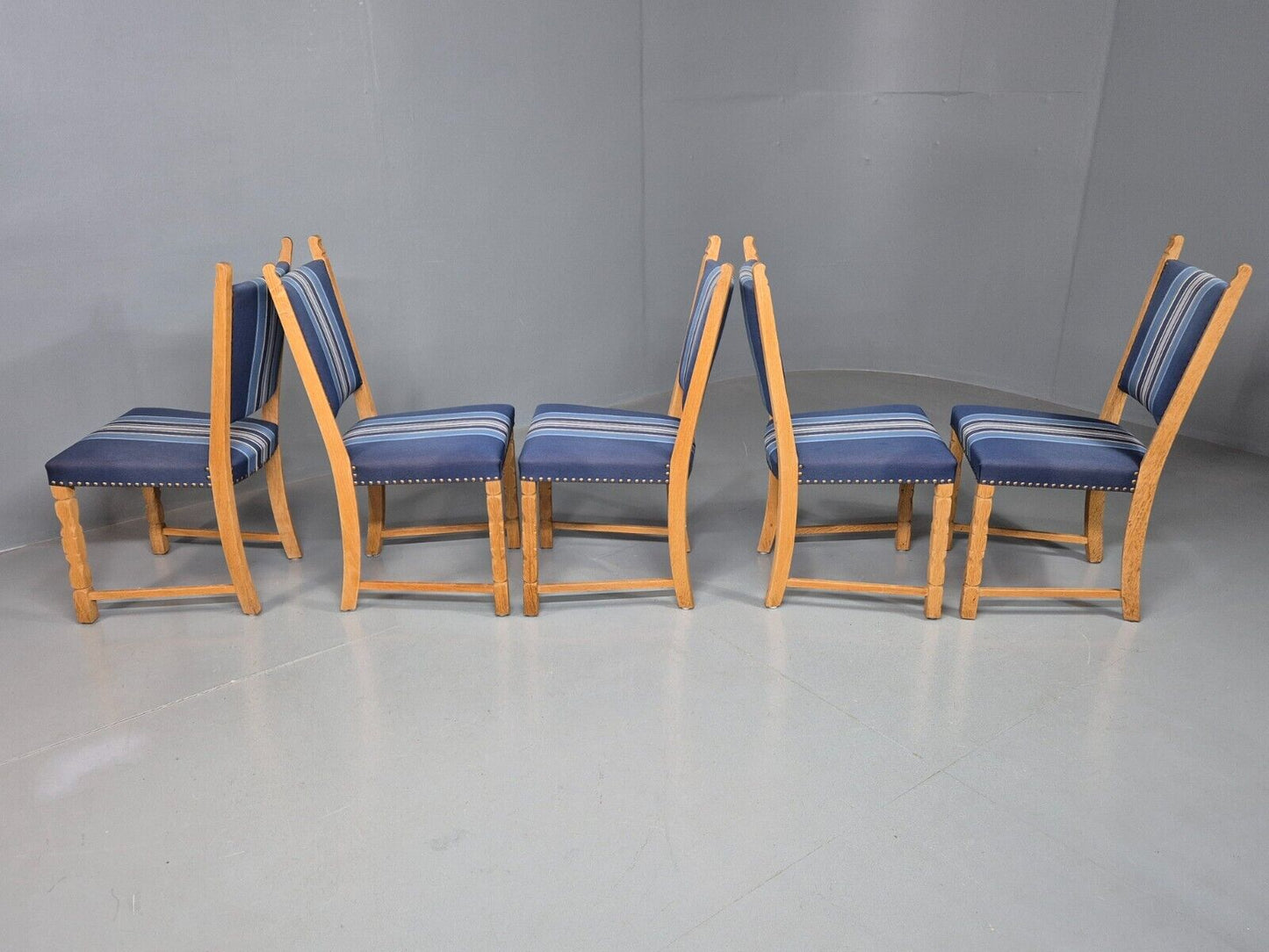 5 Vintage Danish Dining Chairs Blue Wool Oak Frames Kjaernulf Style EB8300 MDIN